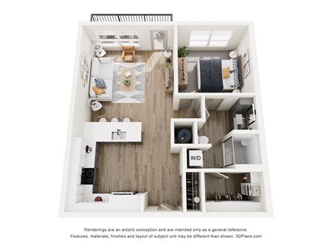 A 3D floor plan of a small apartment with a kitchen, living room, and bedrooms.